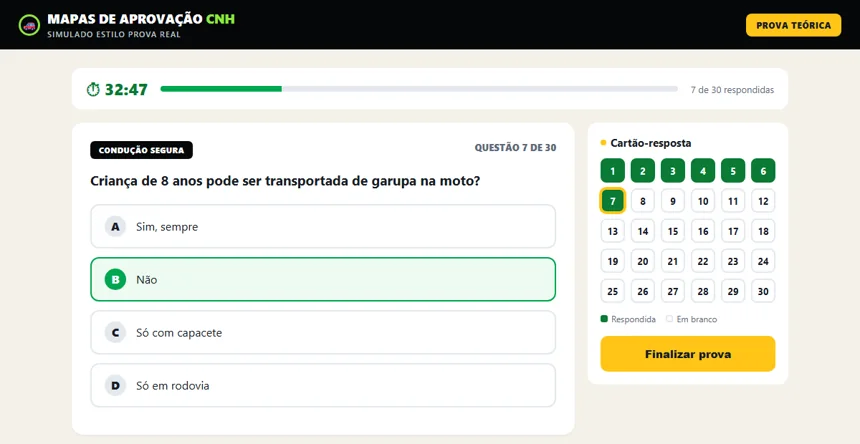 Tela da prova, com cronômetro e cartão-resposta